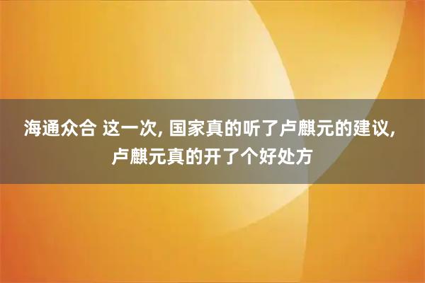 海通众合 这一次, 国家真的听了卢麒元的建议, 卢麒元真的开了个好处方